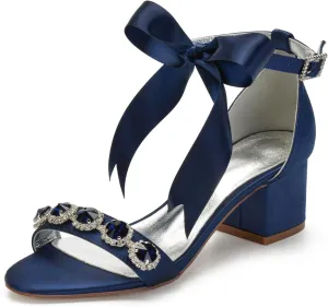 Women's Low Block Heels Sandals Peep Toe Chunky Ankle Strap Crystal Wedding Dress Shoes with Bow
