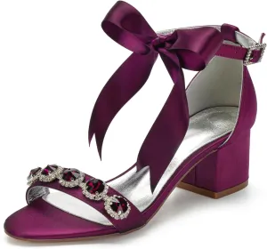 Women's Low Block Heels Sandals Peep Toe Chunky Ankle Strap Crystal Wedding Dress Shoes with Bow