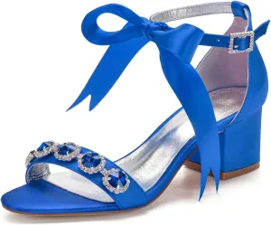 Women's Low Block Heels Sandals Peep Toe Chunky Ankle Strap Crystal Wedding Dress Shoes with Bow