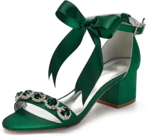 Women's Low Block Heels Sandals Peep Toe Chunky Ankle Strap Crystal Wedding Dress Shoes with Bow