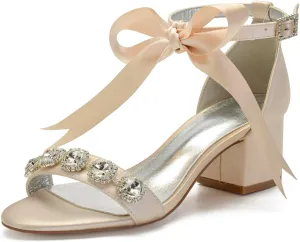 Women's Low Block Heels Sandals Peep Toe Chunky Ankle Strap Crystal Wedding Dress Shoes with Bow