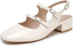 Womens Mary Janes Pumps Chunky Low Heel Slingback Adjustable Ankle Buckle Slip On Sandals Double Back Buckles Block Pumps for Wedding Holiday Working Casual
