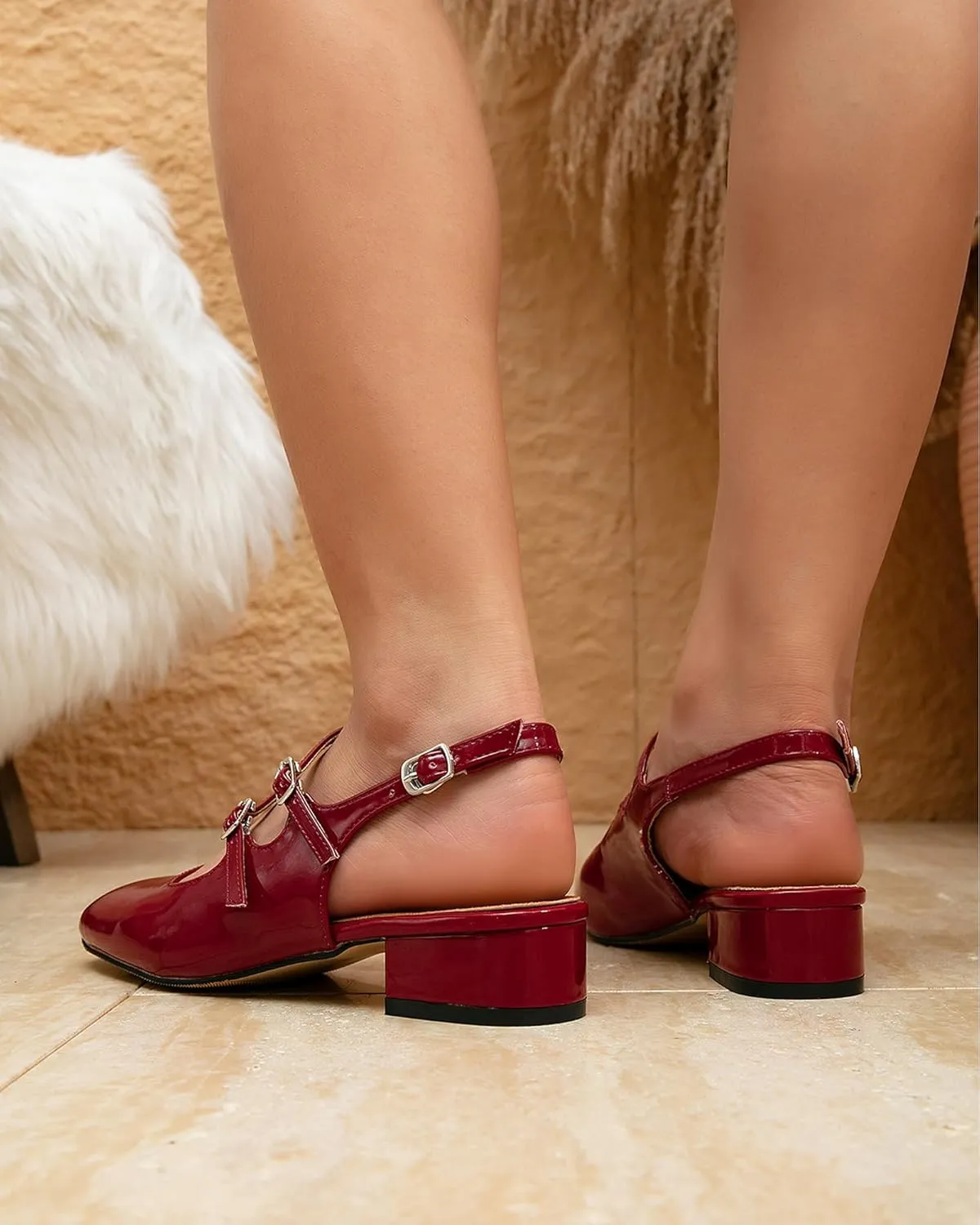 Womens Mary Janes Pumps Chunky Low Heel Slingback Adjustable Ankle Buckle Slip On Sandals Double Back Buckles Block Pumps for Wedding Holiday Working Casual