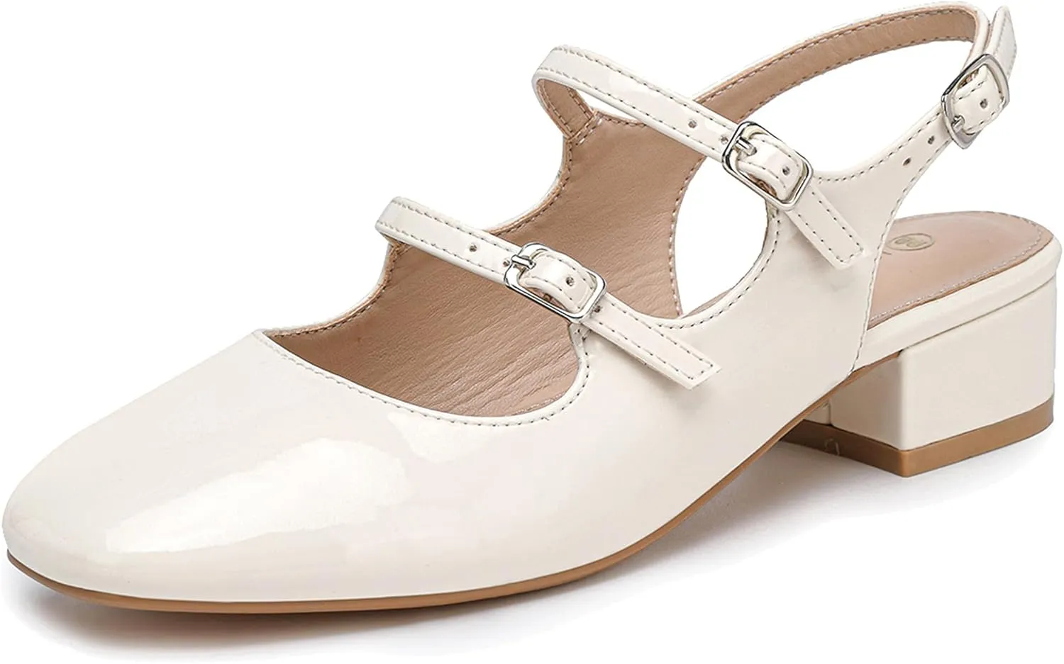 Womens Mary Janes Pumps Chunky Low Heel Slingback Adjustable Ankle Buckle Slip On Sandals Double Back Buckles Block Pumps for Wedding Holiday Working Casual