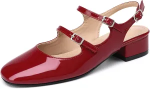 Womens Mary Janes Pumps Chunky Low Heel Slingback Adjustable Ankle Buckle Slip On Sandals Double Back Buckles Block Pumps for Wedding Holiday Working Casual