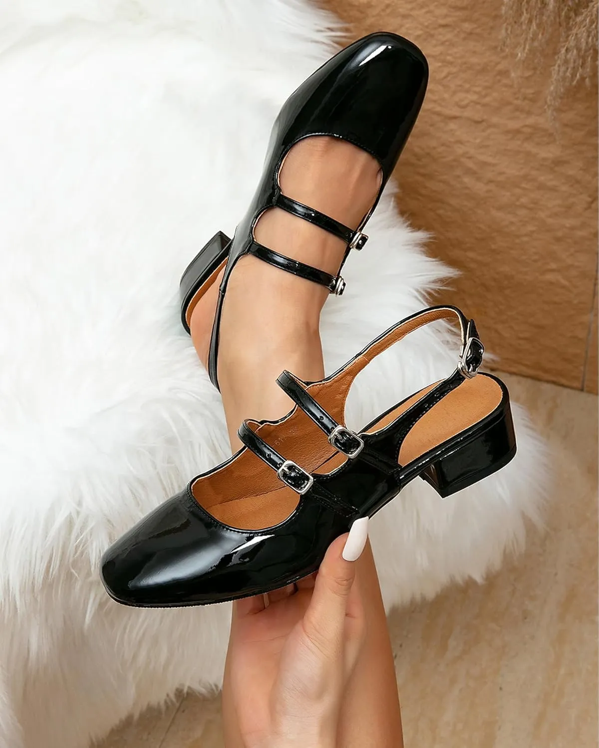 Womens Mary Janes Pumps Chunky Low Heel Slingback Adjustable Ankle Buckle Slip On Sandals Double Back Buckles Block Pumps for Wedding Holiday Working Casual