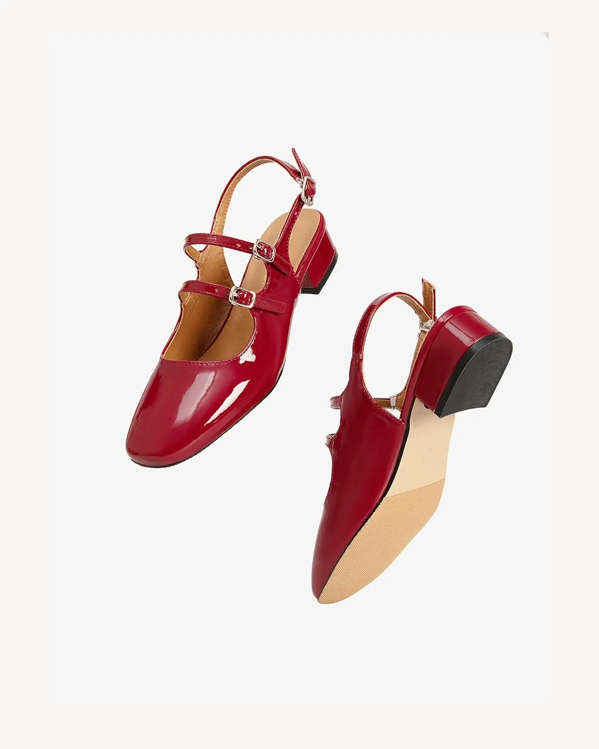 Womens Mary Janes Pumps Chunky Low Heel Slingback Adjustable Ankle Buckle Slip On Sandals Double Back Buckles Block Pumps for Wedding Holiday Working Casual