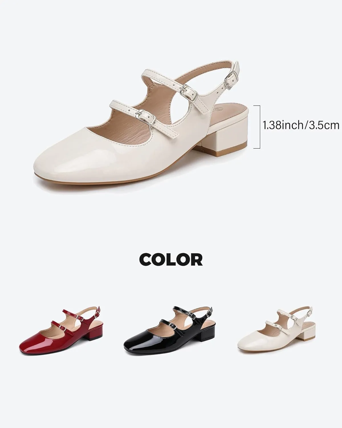 Womens Mary Janes Pumps Chunky Low Heel Slingback Adjustable Ankle Buckle Slip On Sandals Double Back Buckles Block Pumps for Wedding Holiday Working Casual