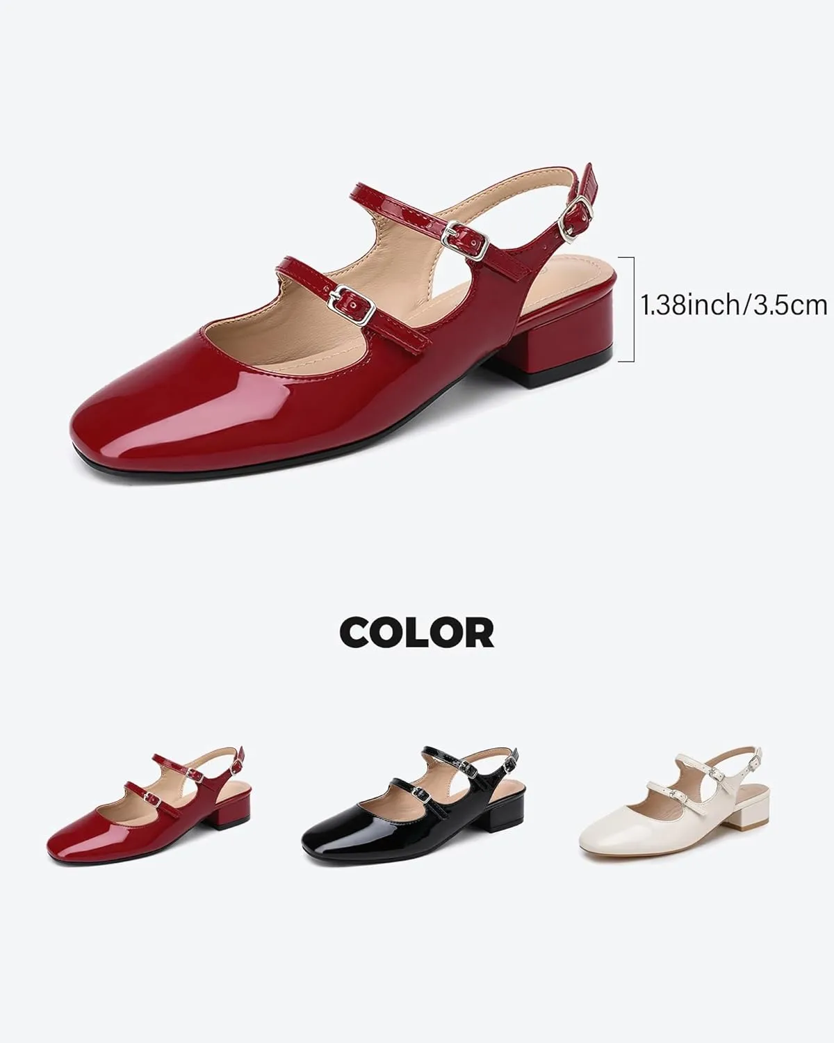 Womens Mary Janes Pumps Chunky Low Heel Slingback Adjustable Ankle Buckle Slip On Sandals Double Back Buckles Block Pumps for Wedding Holiday Working Casual