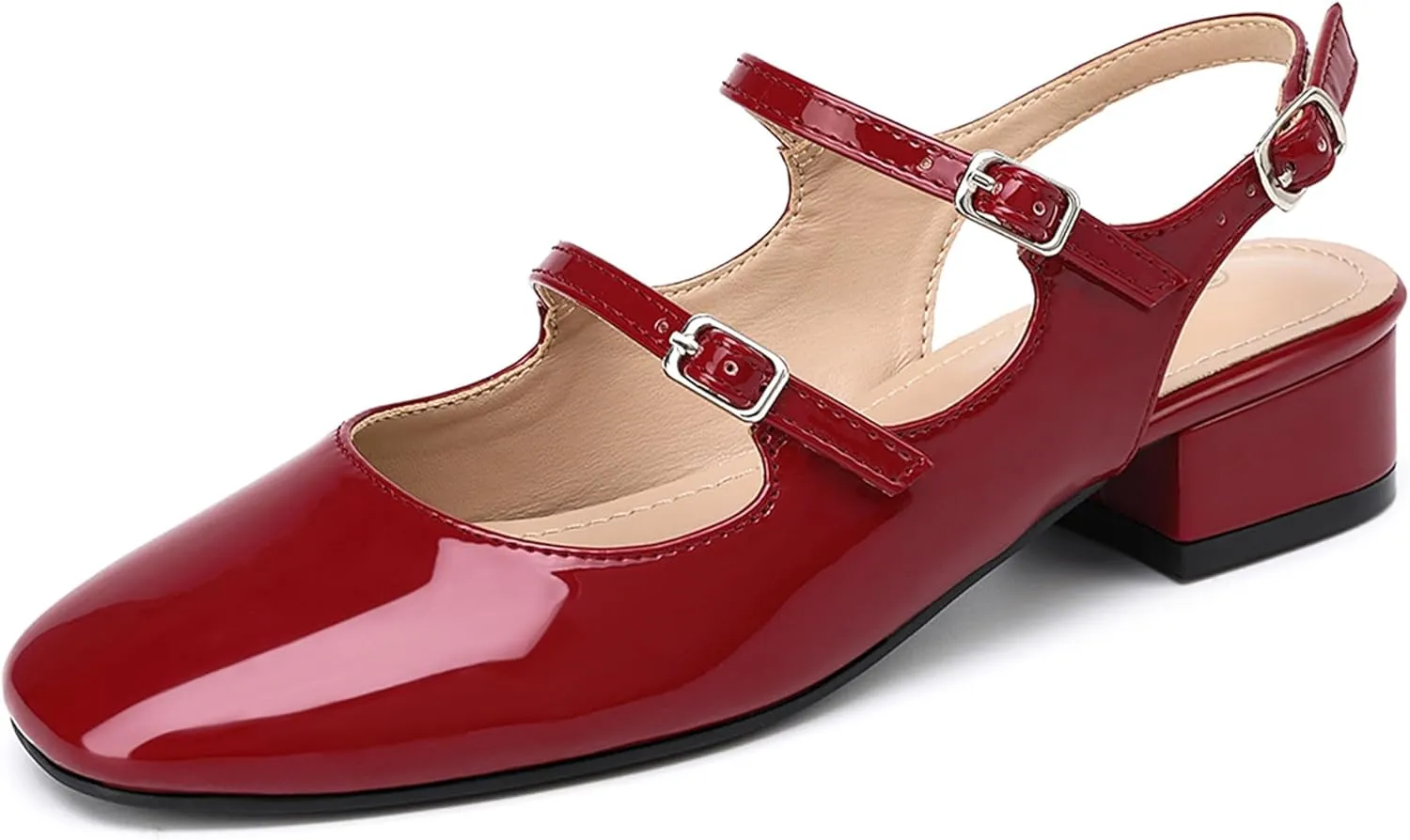 Womens Mary Janes Pumps Chunky Low Heel Slingback Adjustable Ankle Buckle Slip On Sandals Double Back Buckles Block Pumps for Wedding Holiday Working Casual