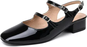 Womens Mary Janes Pumps Chunky Low Heel Slingback Adjustable Ankle Buckle Slip On Sandals Double Back Buckles Block Pumps for Wedding Holiday Working Casual