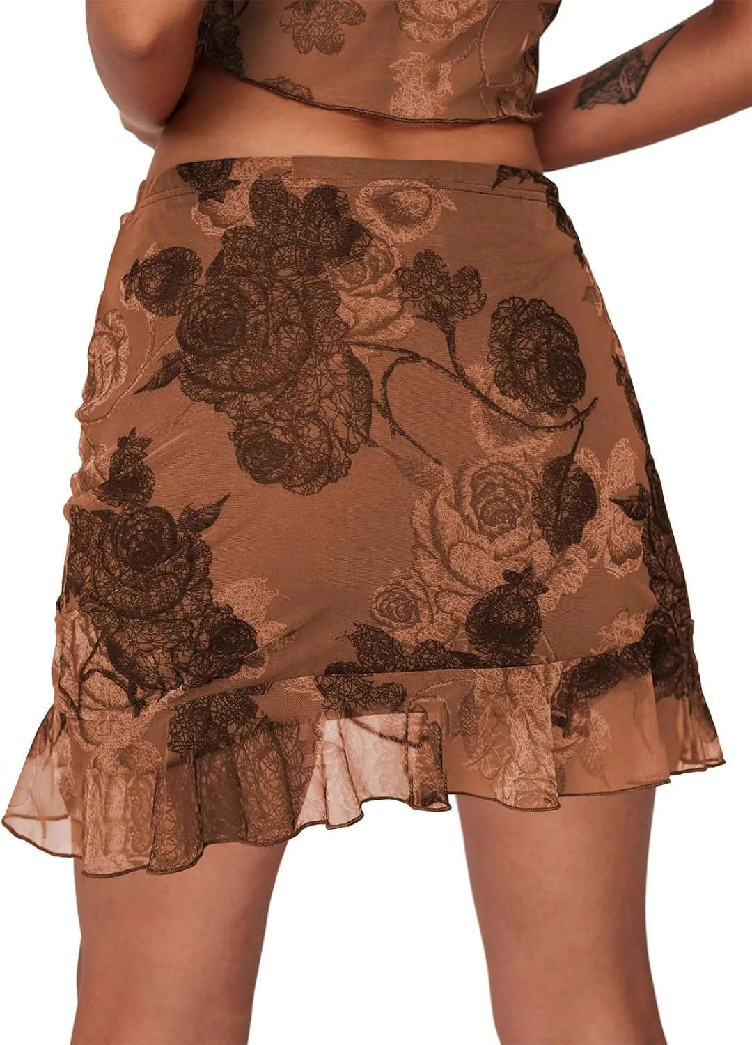 Women's Mesh Mini Skirt Tie High Waist Summer Floral Print Ruched Ruffle Short Skirts