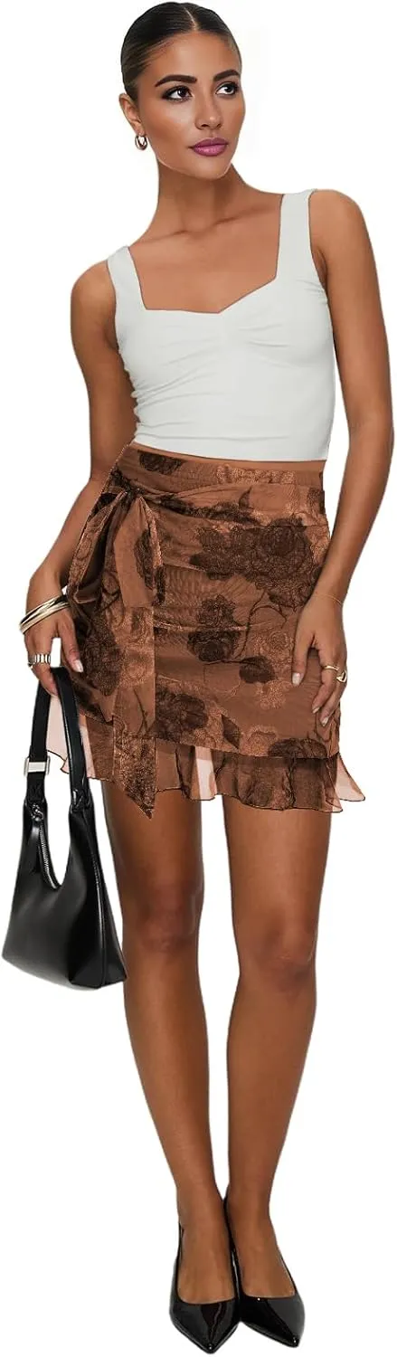 Women's Mesh Mini Skirt Tie High Waist Summer Floral Print Ruched Ruffle Short Skirts