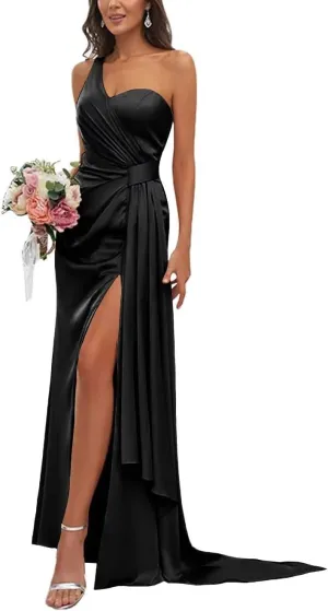 Women's One Shoulder Bridesmaid Dresses Waist Pleated Mermaid Prom Dresses Formal