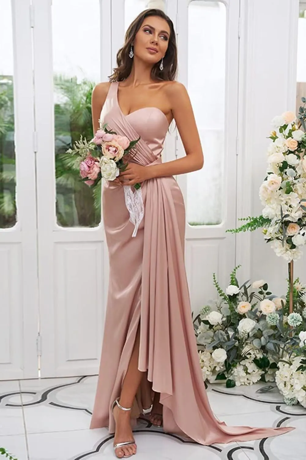 Women's One Shoulder Bridesmaid Dresses Waist Pleated Mermaid Prom Dresses Formal