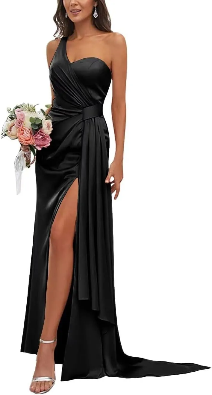 Women's One Shoulder Bridesmaid Dresses Waist Pleated Mermaid Prom Dresses Formal