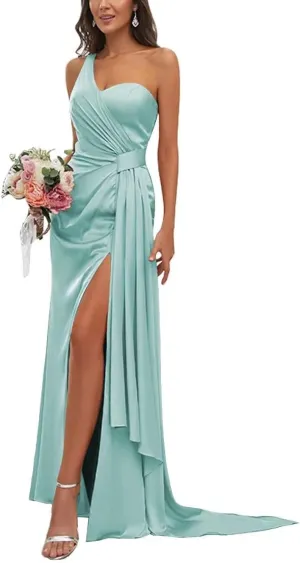 Women's One Shoulder Bridesmaid Dresses Waist Pleated Mermaid Prom Dresses Formal