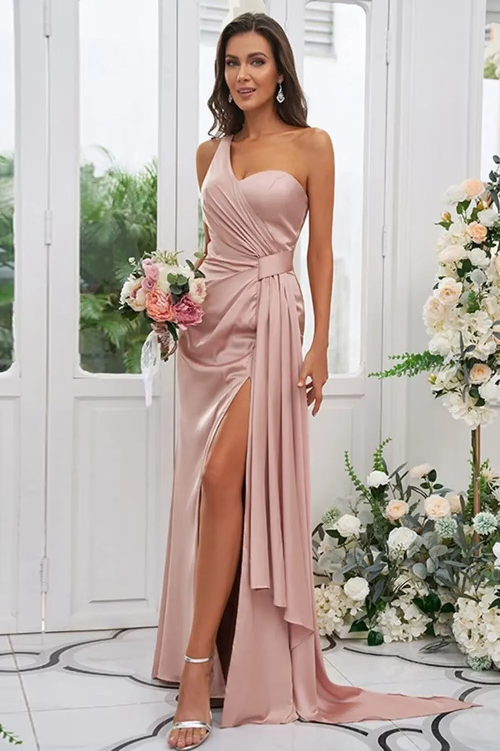 Women's One Shoulder Bridesmaid Dresses Waist Pleated Mermaid Prom Dresses Formal