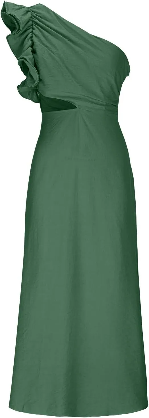 Women's One Shoulder Sleeveless Cutout Bodycon Maxi Long Dress Sexy Ruffle Elegant Cocktail Gown Evening Dresses
