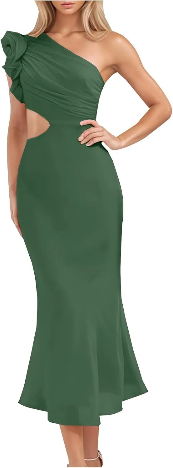 Women's One Shoulder Sleeveless Cutout Bodycon Maxi Long Dress Sexy Ruffle Elegant Cocktail Gown Evening Dresses