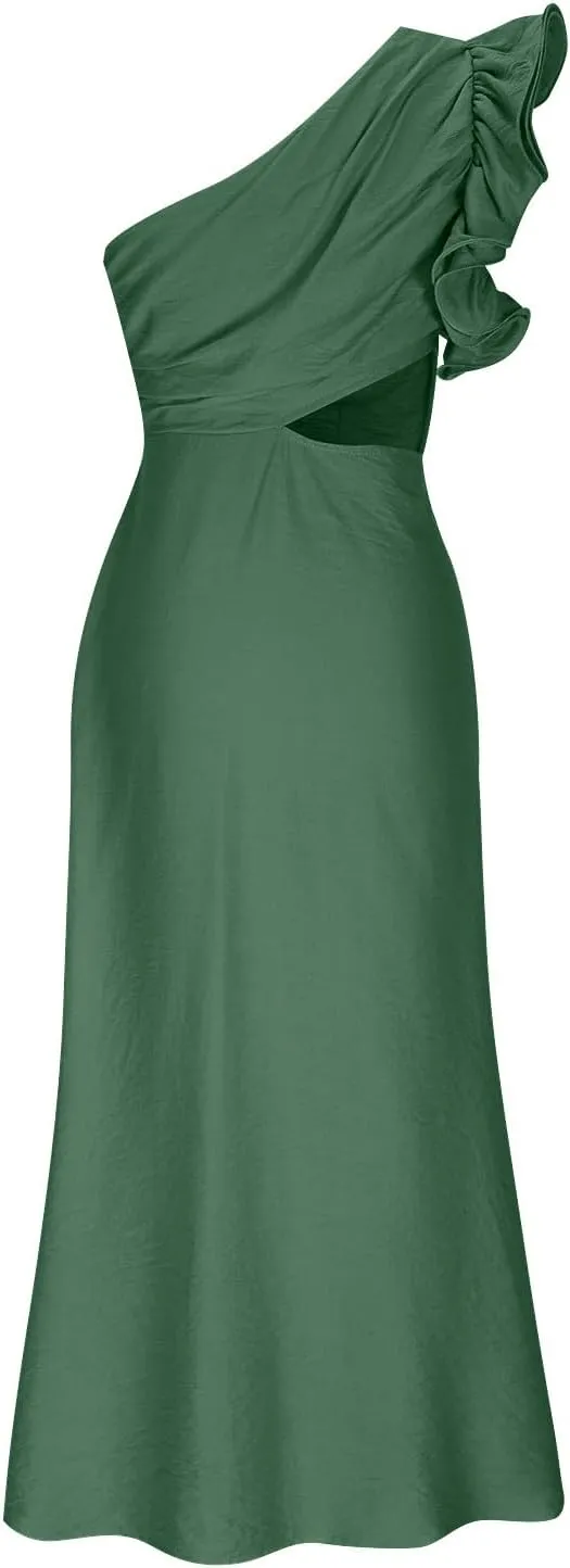 Women's One Shoulder Sleeveless Cutout Bodycon Maxi Long Dress Sexy Ruffle Elegant Cocktail Gown Evening Dresses