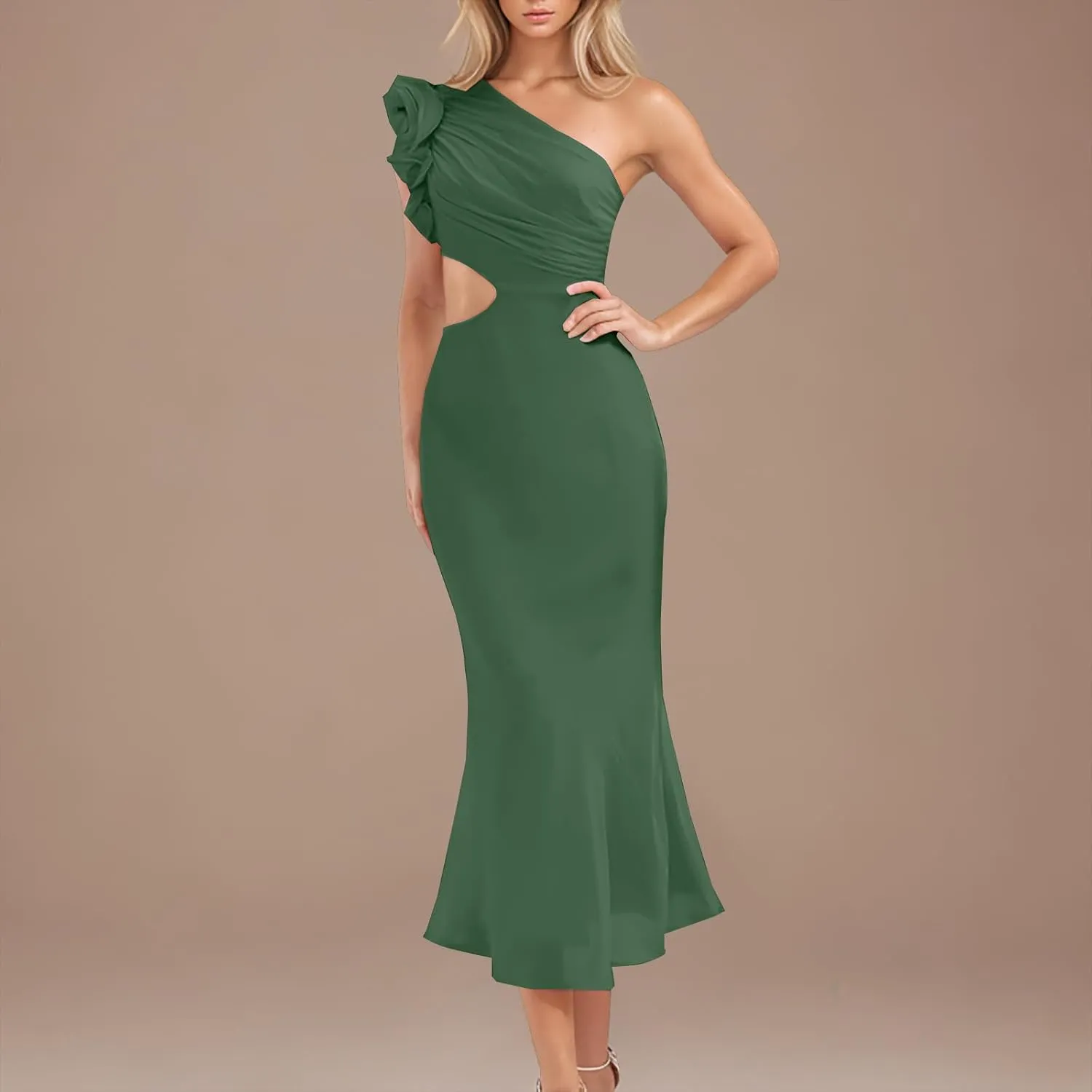 Women's One Shoulder Sleeveless Cutout Bodycon Maxi Long Dress Sexy Ruffle Elegant Cocktail Gown Evening Dresses
