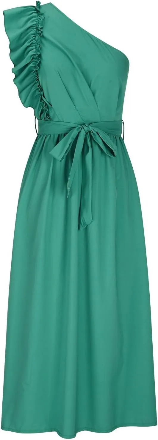 Womens One Shoulder Wedding Guest Dresses Fashion Ruffle Sleeveless Tie Long Dresses Elegant Modest Evening Party Dress