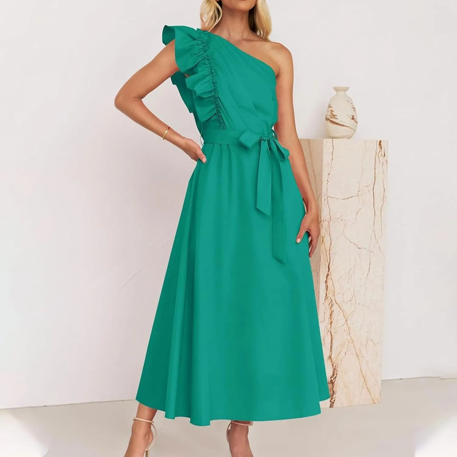 Womens One Shoulder Wedding Guest Dresses Fashion Ruffle Sleeveless Tie Long Dresses Elegant Modest Evening Party Dress
