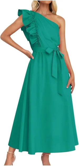 Womens One Shoulder Wedding Guest Dresses Fashion Ruffle Sleeveless Tie Long Dresses Elegant Modest Evening Party Dress