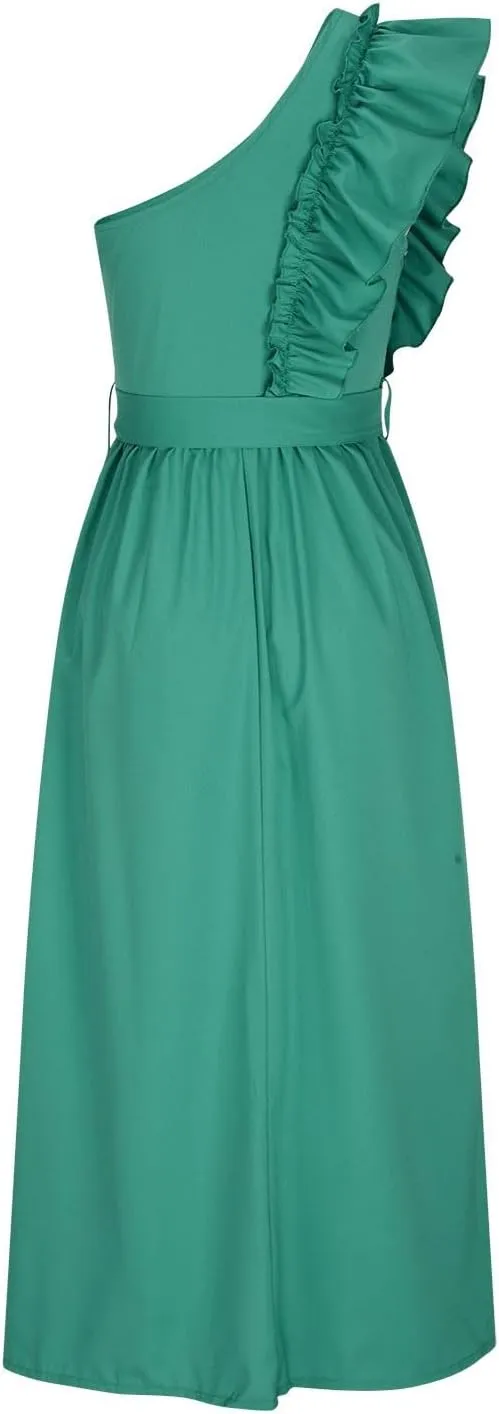 Womens One Shoulder Wedding Guest Dresses Fashion Ruffle Sleeveless Tie Long Dresses Elegant Modest Evening Party Dress