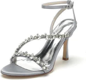 Women's Peep Toe Wedding Sandals High Heels Crystal Satin Ankle Strap Formal Evening Prom Party Dress Shoes Pumps
