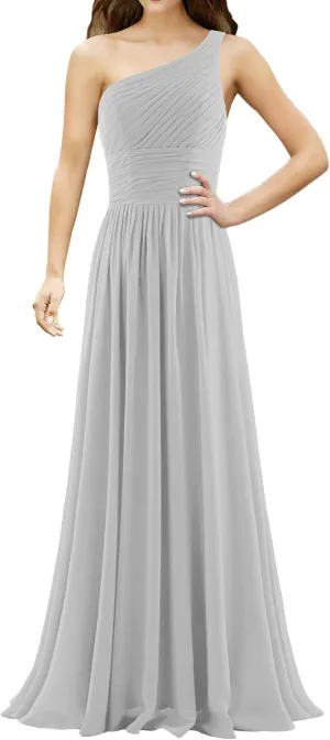 Women's Pleat Chiffon One Shoulder Bridesmaid Dresses Long Evening Dress Formal Wedding Party Dress