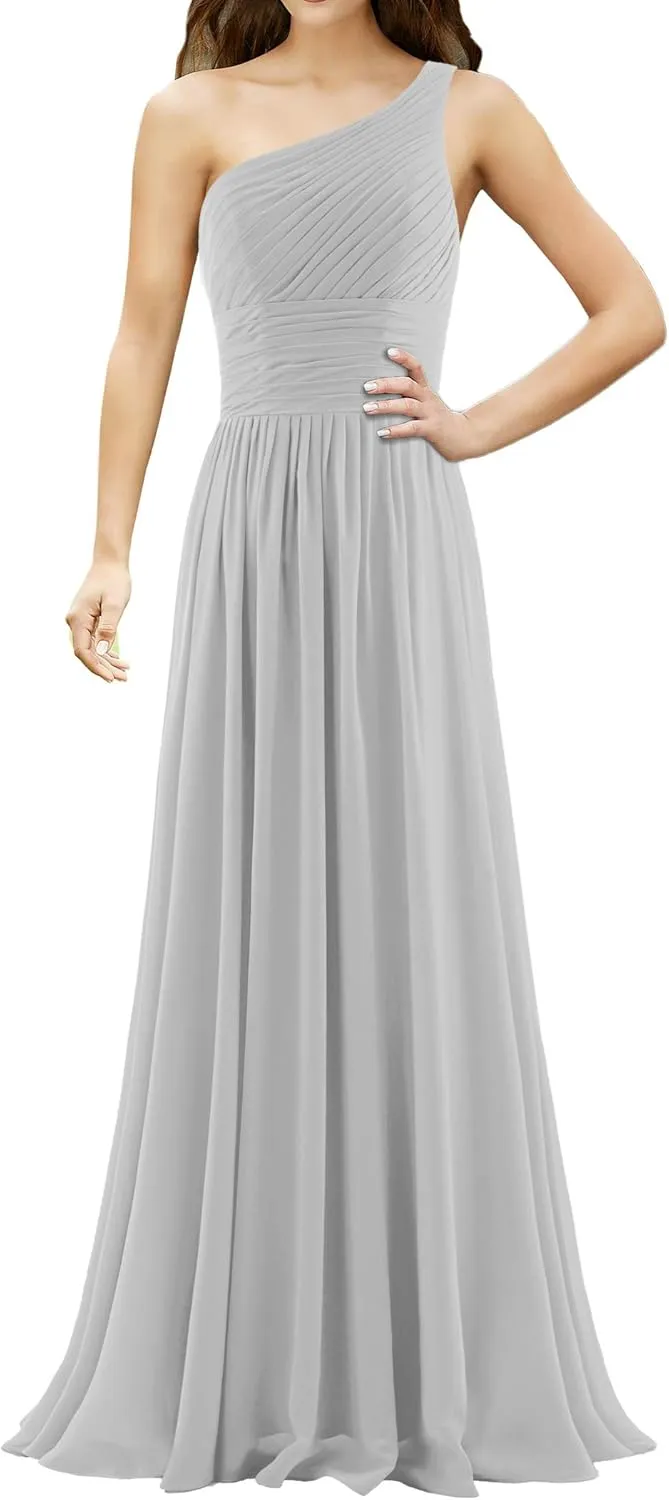 Women's Pleat Chiffon One Shoulder Bridesmaid Dresses Long Evening Dress Formal Wedding Party Dress