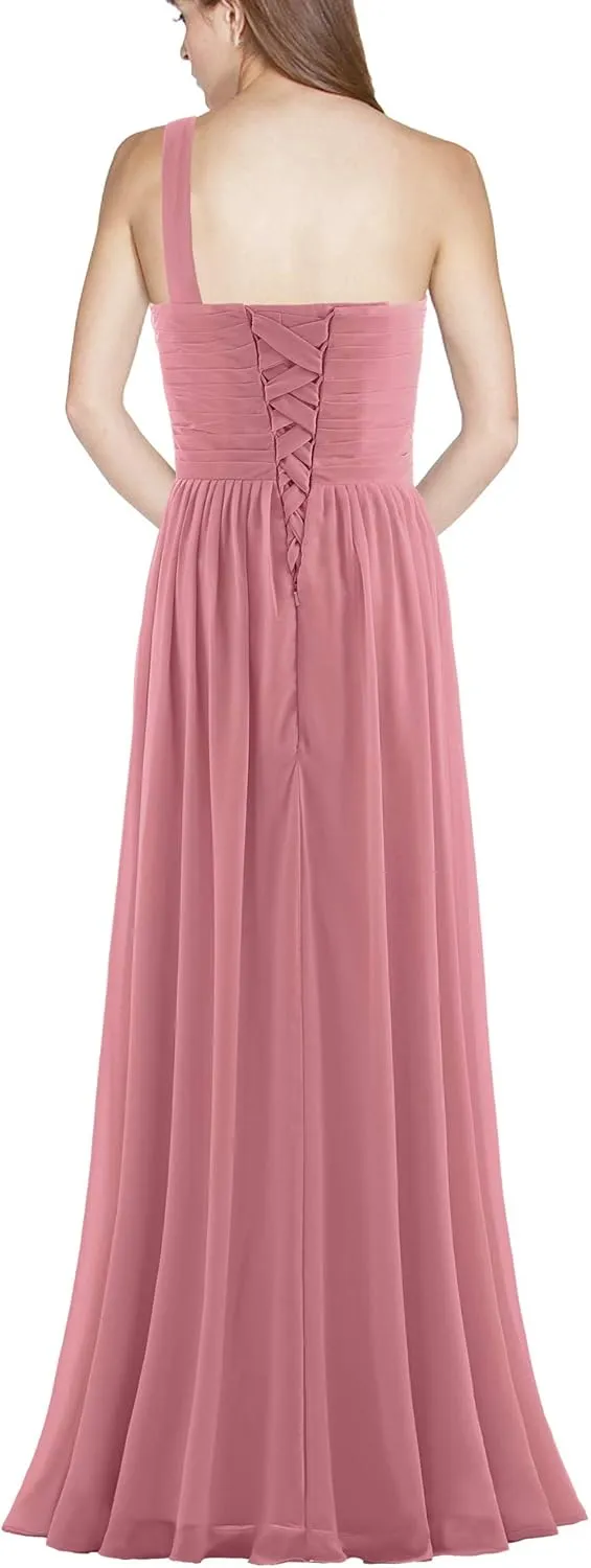 Women's Pleat Chiffon One Shoulder Bridesmaid Dresses Long Evening Dress Formal Wedding Party Dress