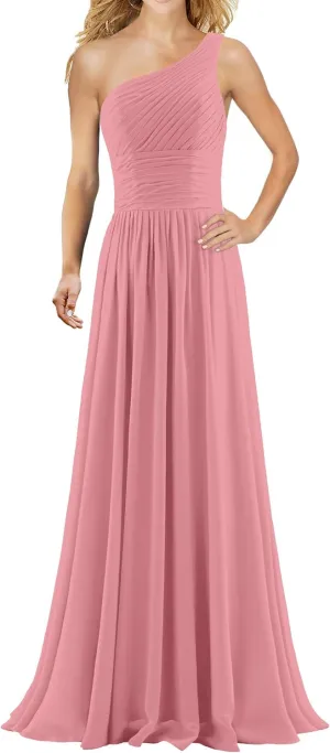 Women's Pleat Chiffon One Shoulder Bridesmaid Dresses Long Evening Dress Formal Wedding Party Dress