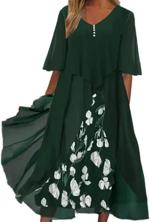 Women's Plus Size Elegant Flowy Chiffon Floral Maxi Dress V Neck Cocktail Party Wedding Guest Dresses