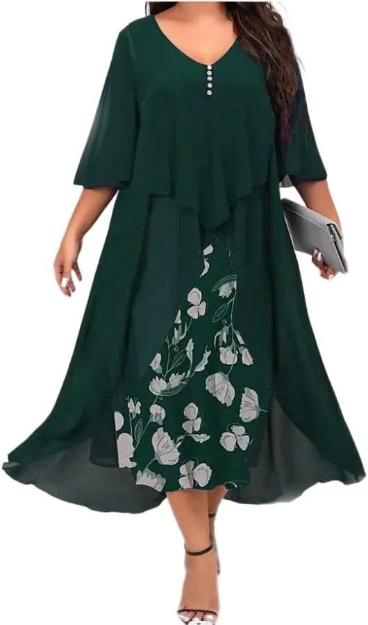 Women's Plus Size Elegant Flowy Chiffon Floral Maxi Dress V Neck Cocktail Party Wedding Guest Dresses