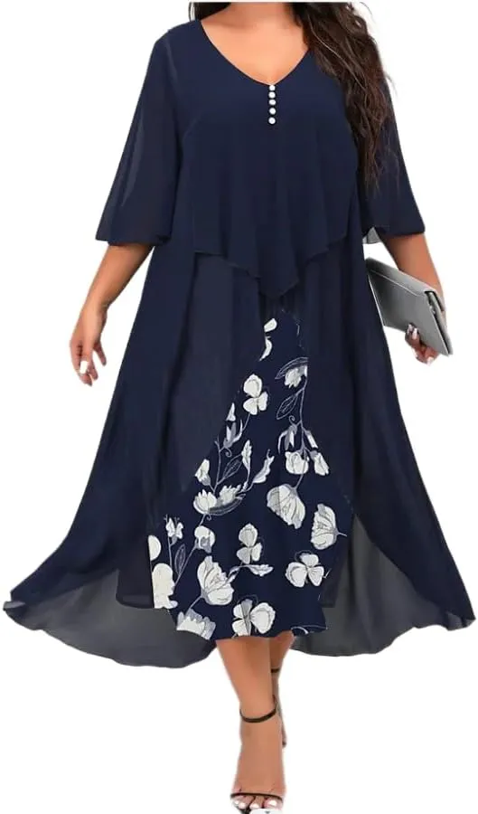 Women's Plus Size Elegant Flowy Chiffon Floral Maxi Dress V Neck Cocktail Party Wedding Guest Dresses