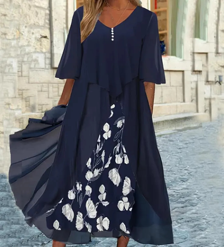 Women's Plus Size Elegant Flowy Chiffon Floral Maxi Dress V Neck Cocktail Party Wedding Guest Dresses
