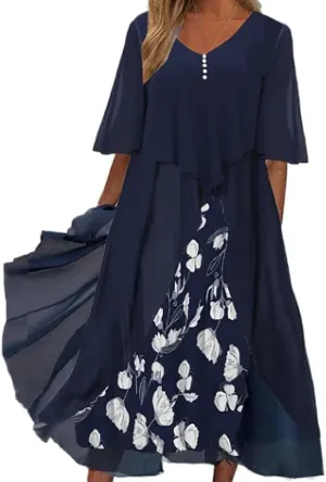 Women's Plus Size Elegant Flowy Chiffon Floral Maxi Dress V Neck Cocktail Party Wedding Guest Dresses