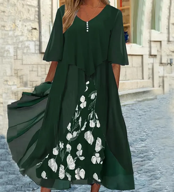 Women's Plus Size Elegant Flowy Chiffon Floral Maxi Dress V Neck Cocktail Party Wedding Guest Dresses