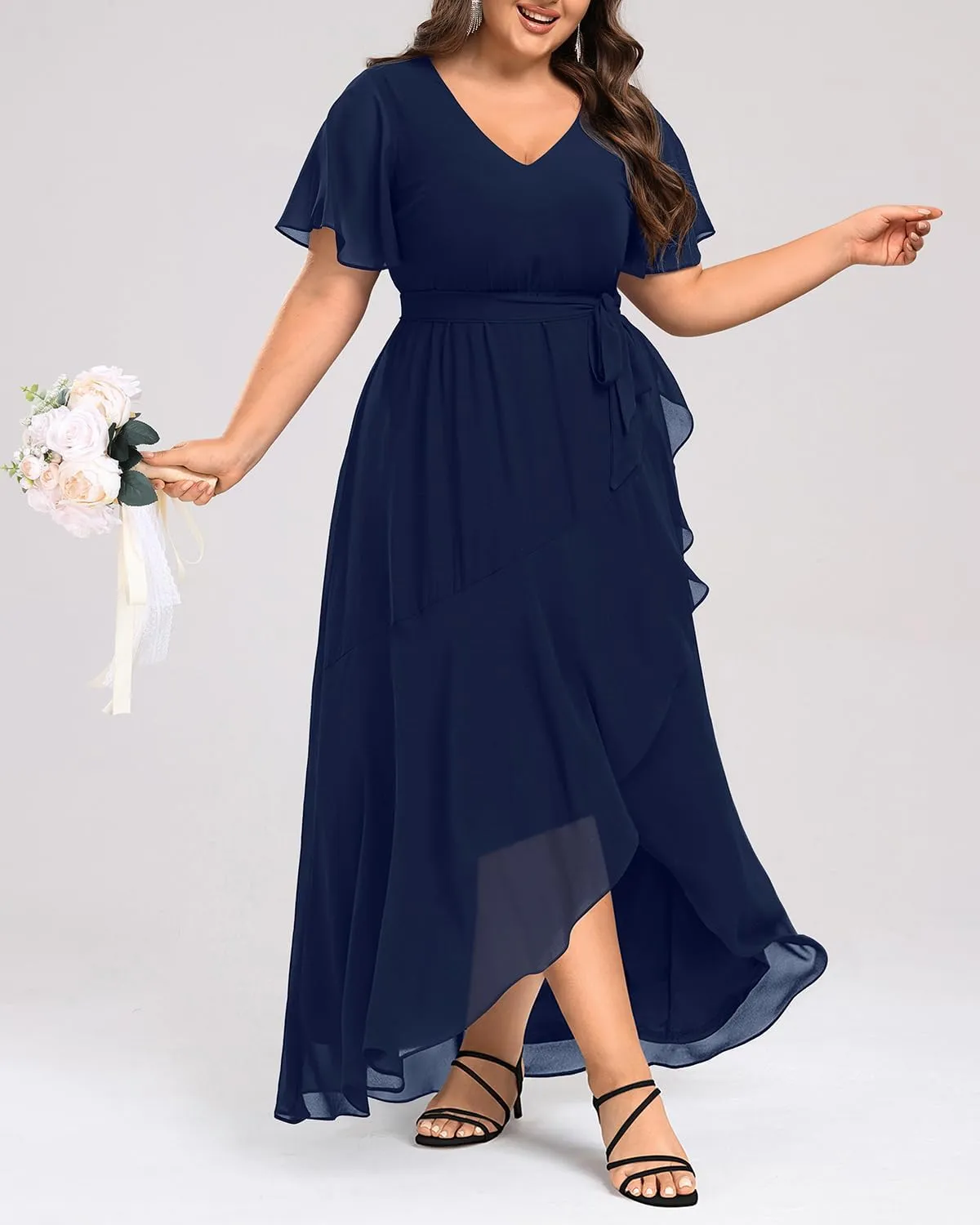 Womens Plus Size Long Dress Chiffon High Low Split Ruffle Evening Bridesmaid Wedding Guest Formal Maxi Dresses