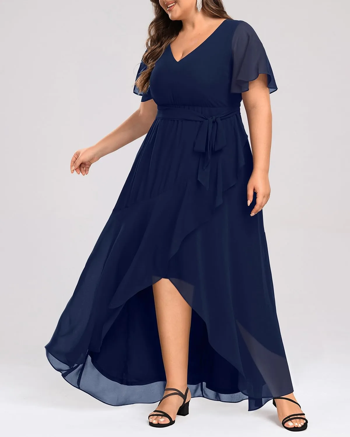 Womens Plus Size Long Dress Chiffon High Low Split Ruffle Evening Bridesmaid Wedding Guest Formal Maxi Dresses