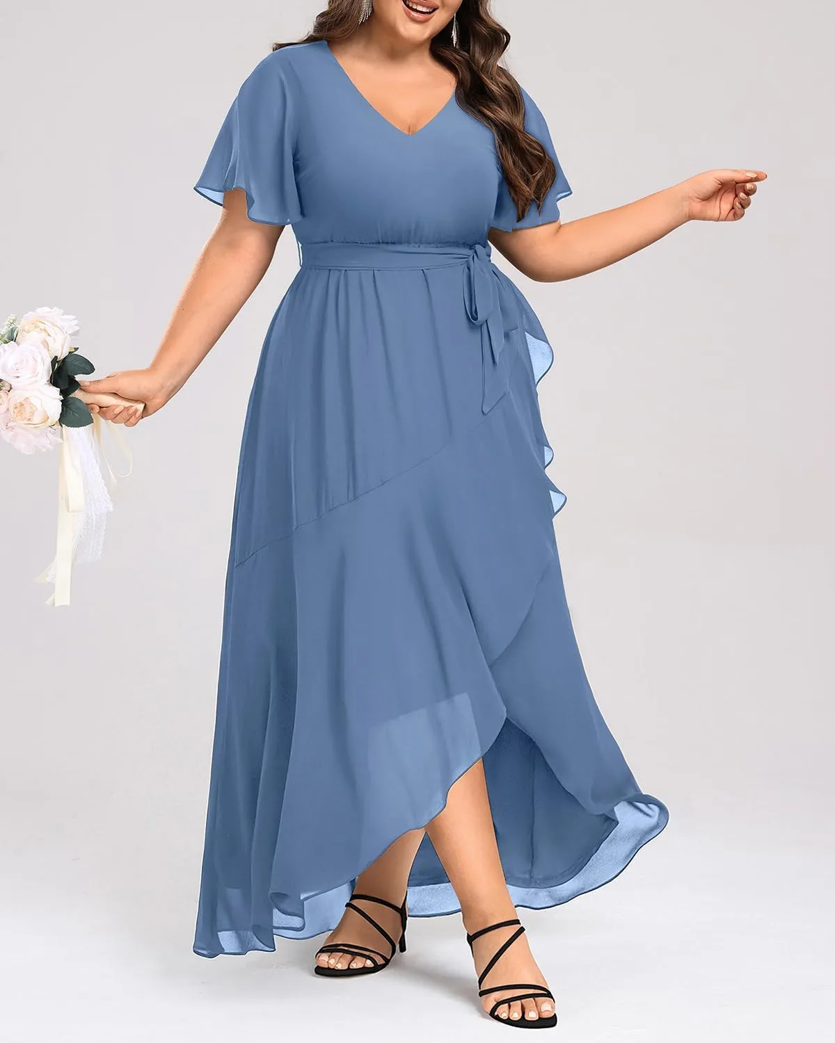 Womens Plus Size Long Dress Chiffon High Low Split Ruffle Evening Bridesmaid Wedding Guest Formal Maxi Dresses