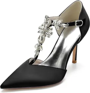 Women's Pointed Toe Crystal T-Strap Ankle Strap High Heel Stiletto Pumps Wedding Dress Shoes 3.35in