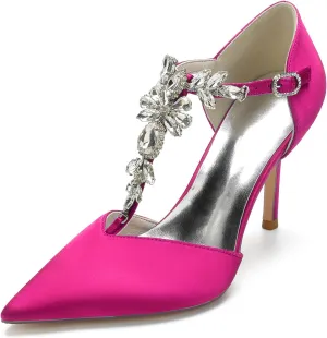 Women's Pointed Toe Crystal T-Strap Ankle Strap High Heel Stiletto Pumps Wedding Dress Shoes 3.35in