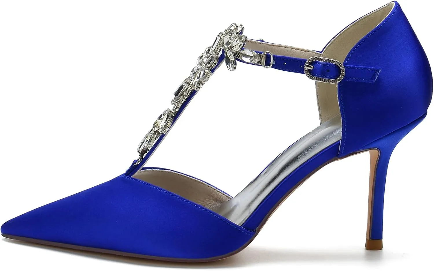 Women's Pointed Toe Crystal T-Strap Ankle Strap High Heel Stiletto Pumps Wedding Dress Shoes 3.35in