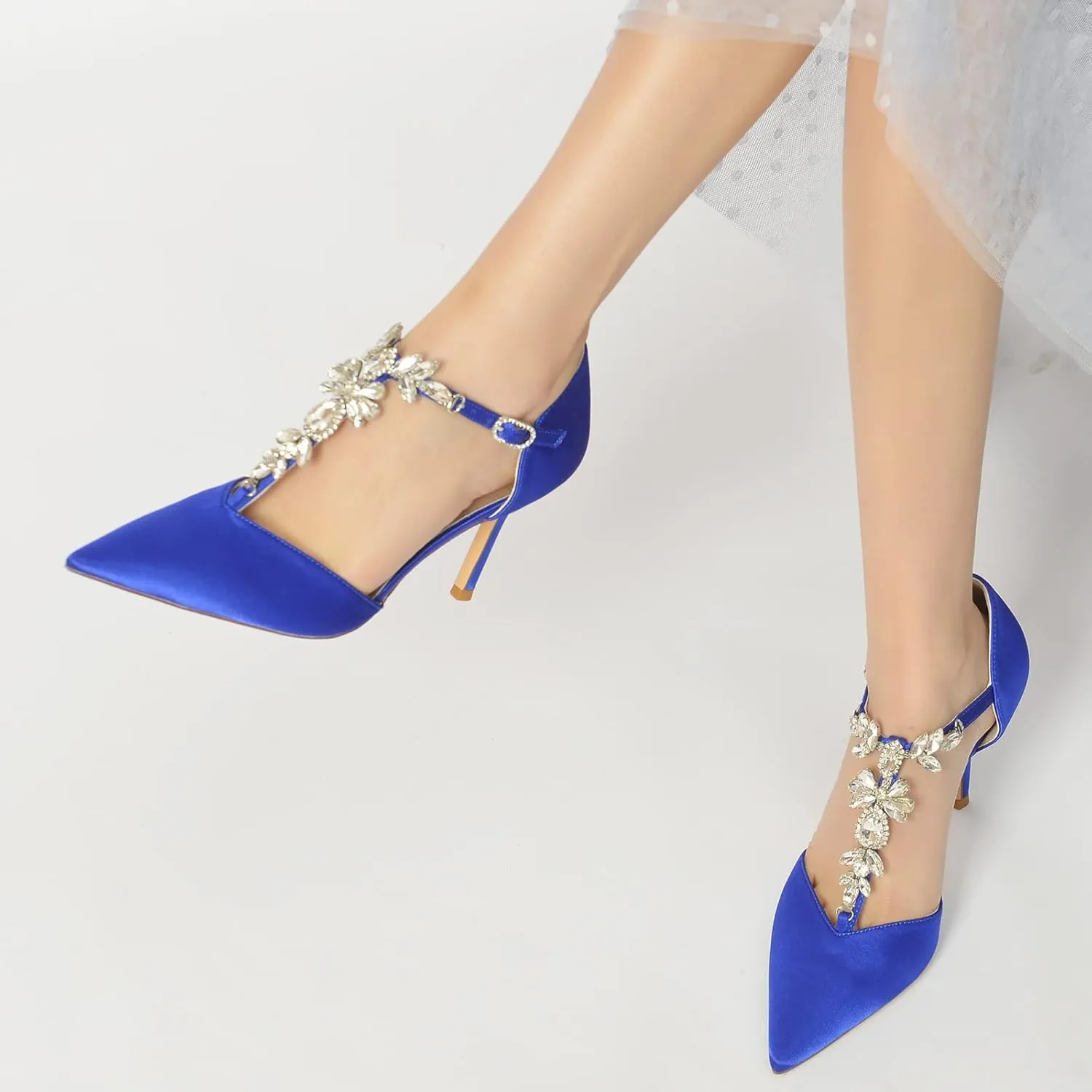 Women's Pointed Toe Crystal T-Strap Ankle Strap High Heel Stiletto Pumps Wedding Dress Shoes 3.35in