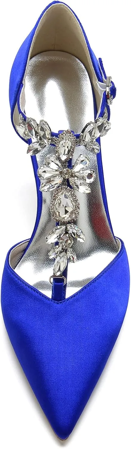 Women's Pointed Toe Crystal T-Strap Ankle Strap High Heel Stiletto Pumps Wedding Dress Shoes 3.35in