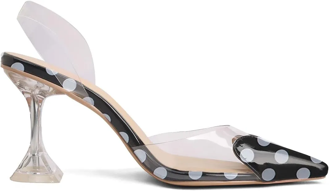 Women's Pointed Toe Cute Heart Kitten Clear Heels Transparent PVC Patent Leather Splicing Slingback Mid Heel Pumps Wedding Office Party Dressy Heeled Sandals for Women